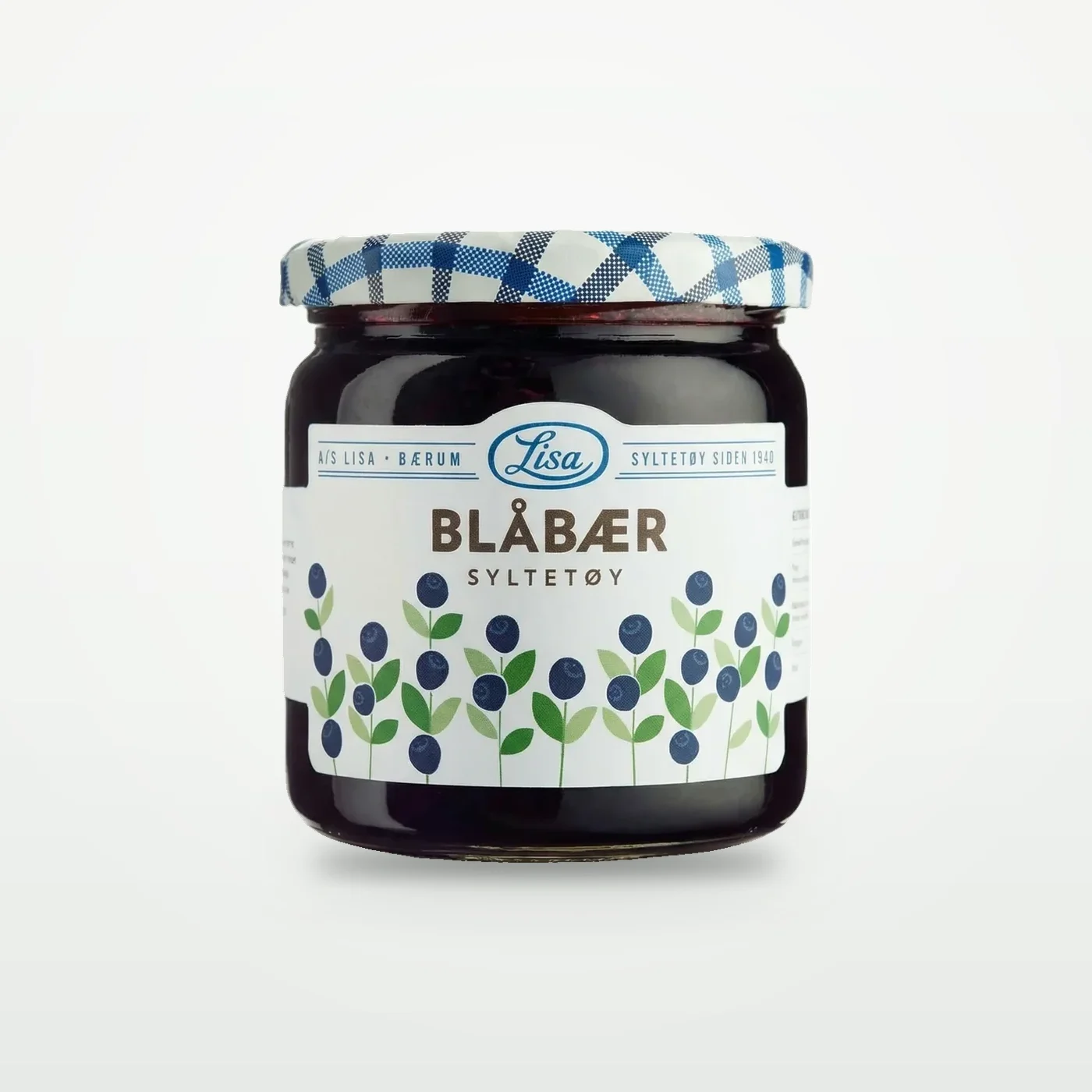 Glass med blåsvart blåbærsyltetøy med hele bær og Lisa-etikett på fronten
