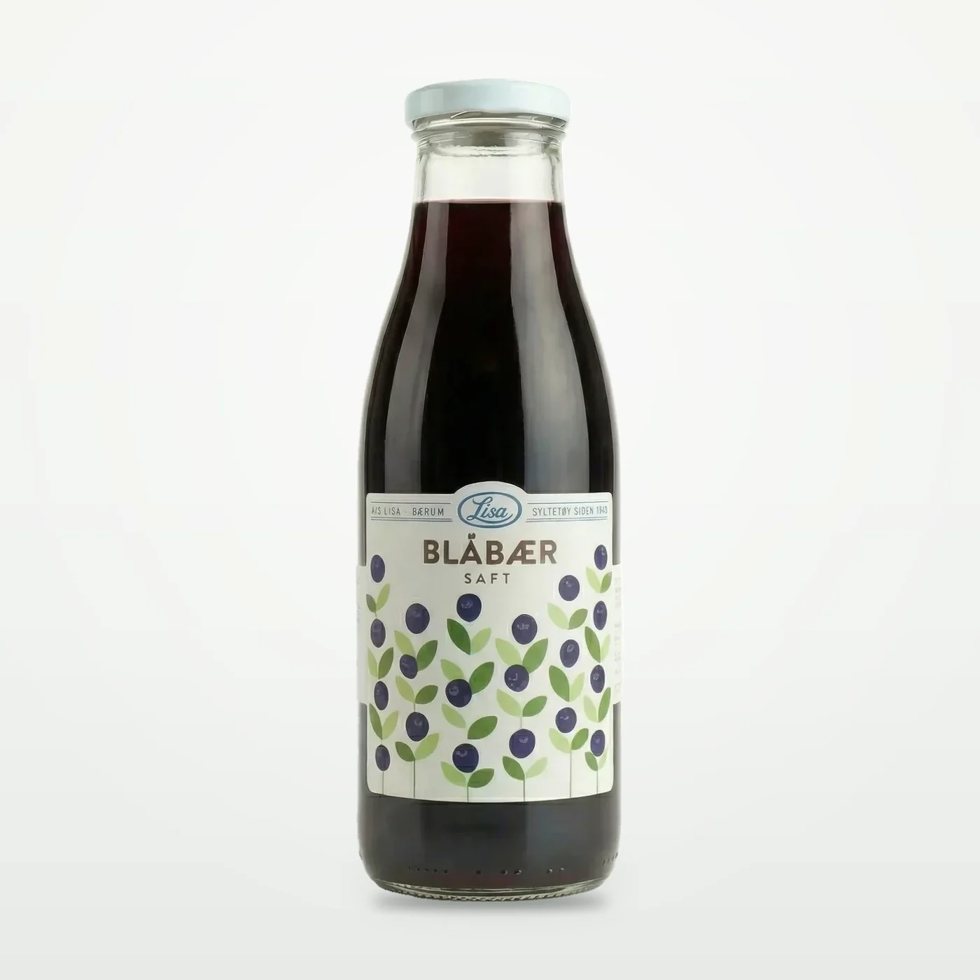 Flaske med Lisa Blåbær Saft 750 ml, dyp blåfiolett saft i klart glass