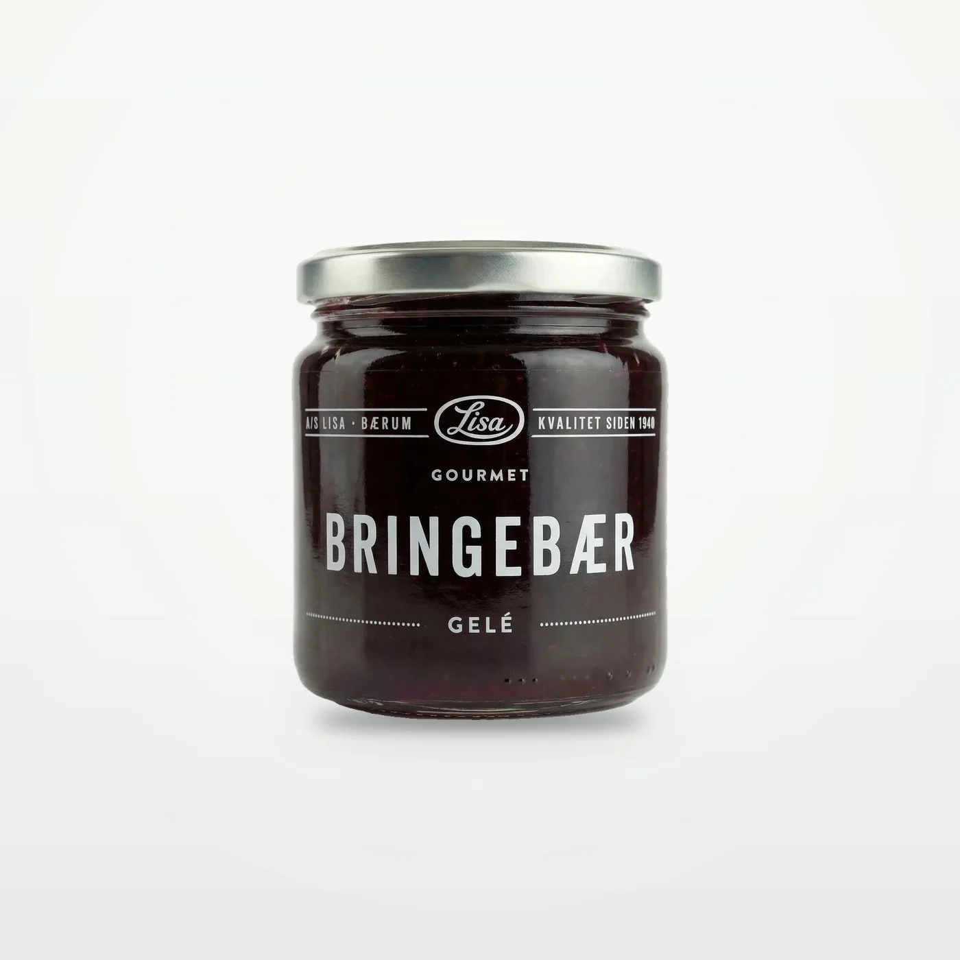 Lite glass med blank, dyprød bringebærgelé fra Lisa Gourmet med etikett