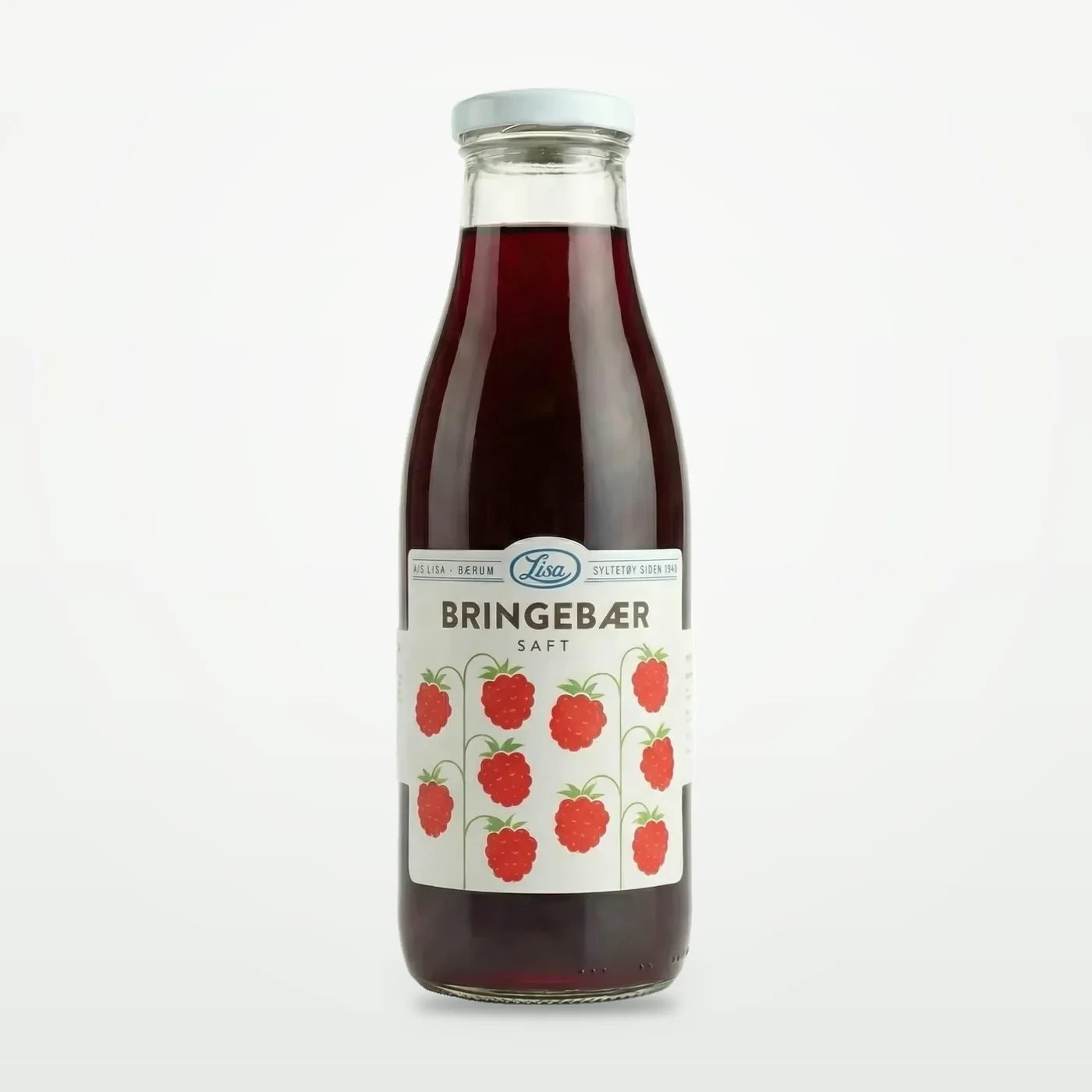 Flaske med Lisa Bringebær Saft 750 ml, klar rosarød saft i glassflaske