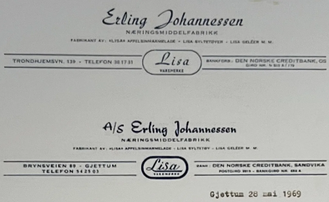 Brevark fra Erling Johannessen Næringsmiddelfabrikk og A/S Erling Johannessen