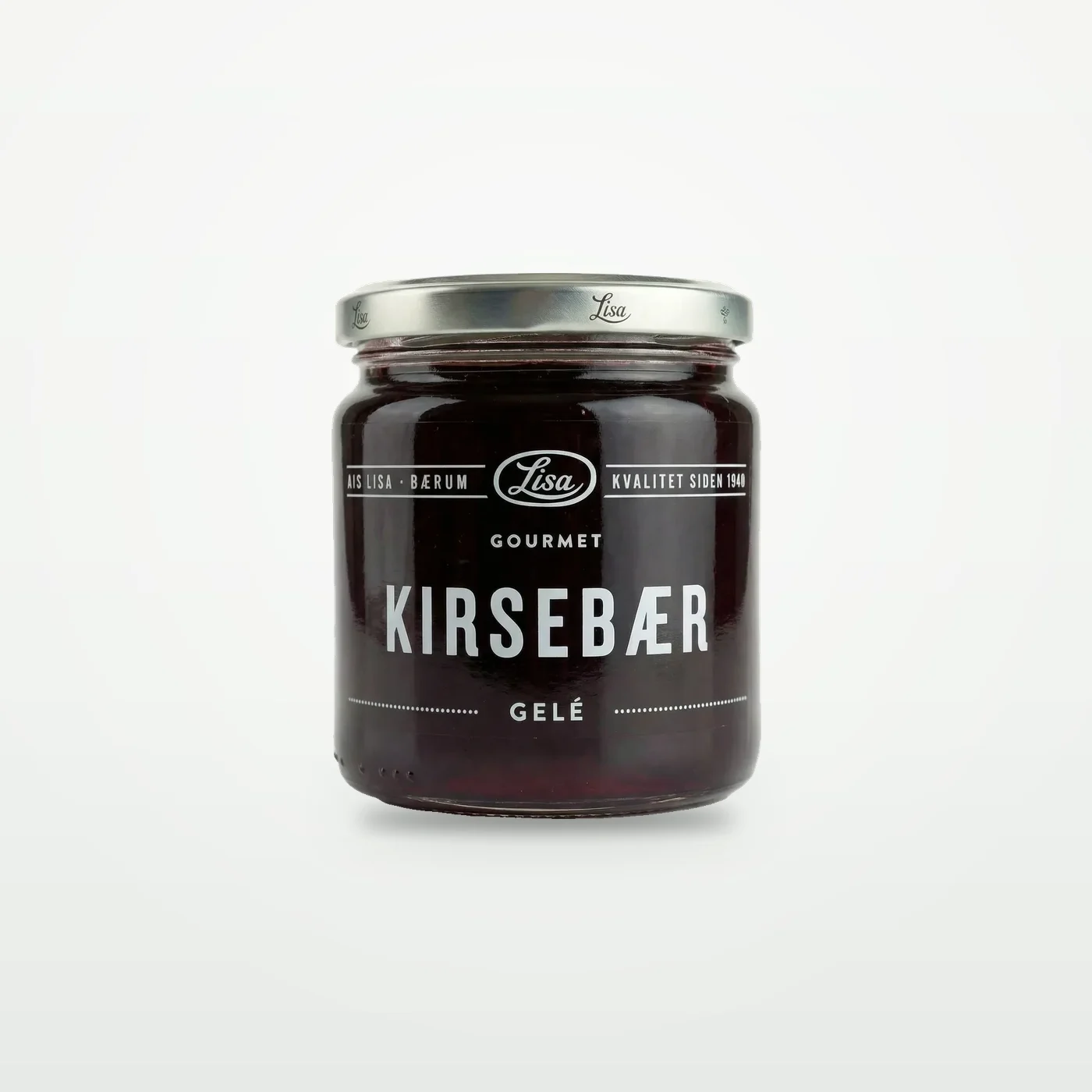 Lite glass med mørk, vinrød kirsebærgelé fra Lisa Gourmet, sett forfra
