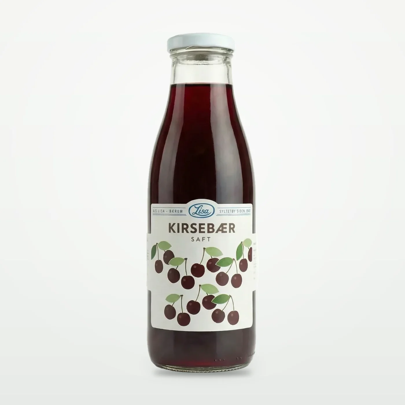 Flaske med Lisa Kirsebær Saft 750 ml, dyp rubinrød saft i klar glassflaske