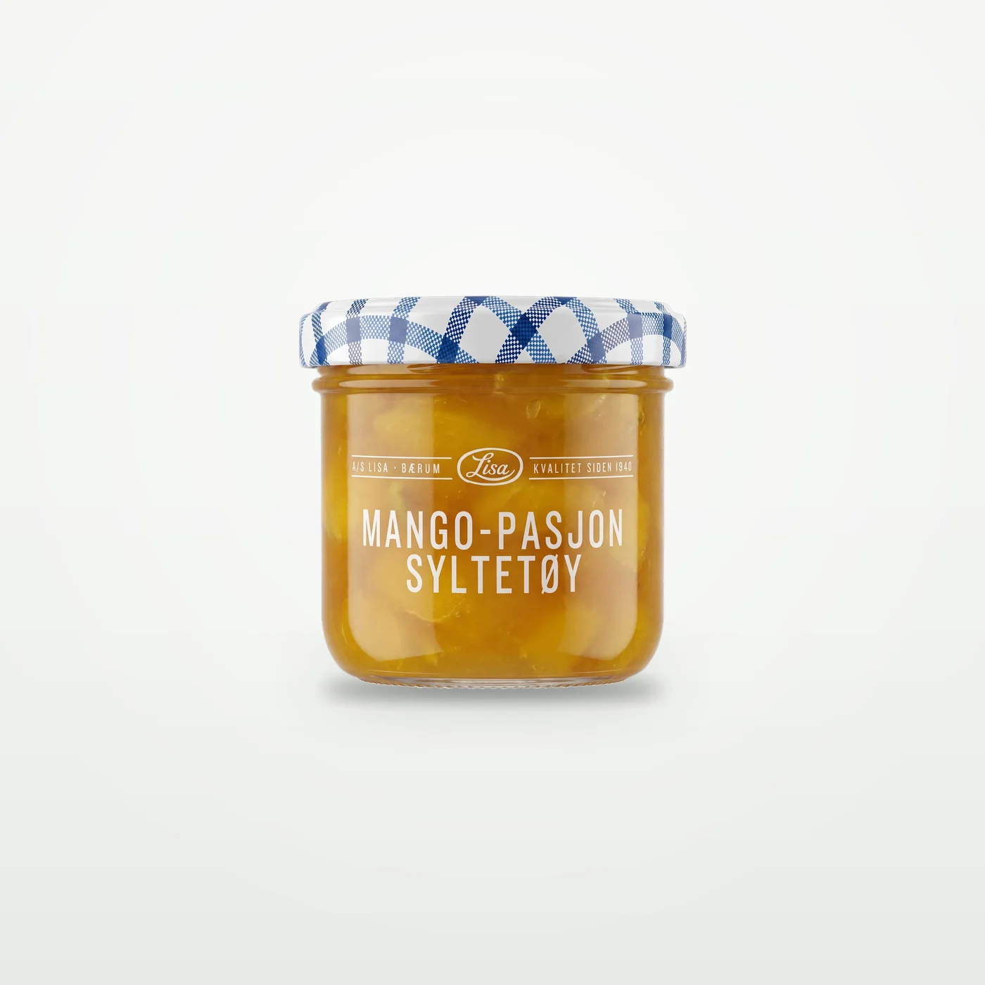 Lite glass med gyllen mango- og pasjonsmarmelade fra Lisa Syltetøy