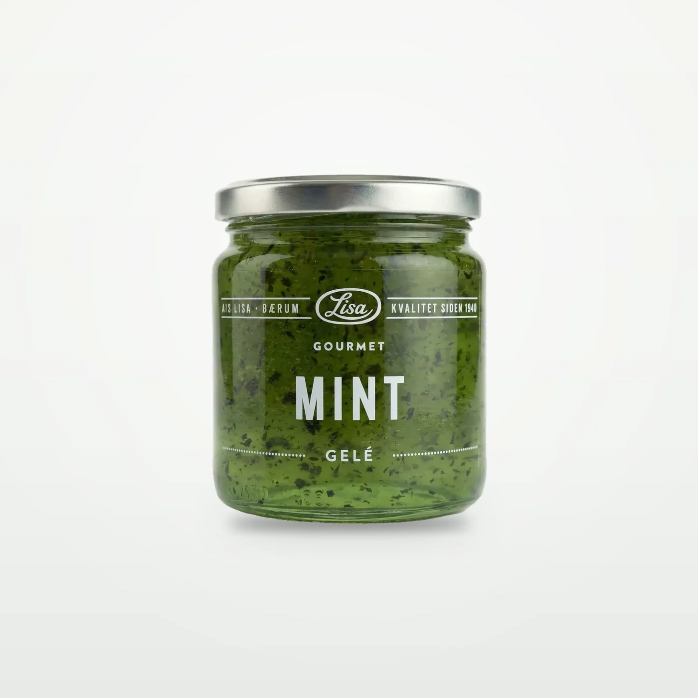 Lite glass med klar, grønn mintgelé fra Lisa Gourmet, sett forfra med etikett