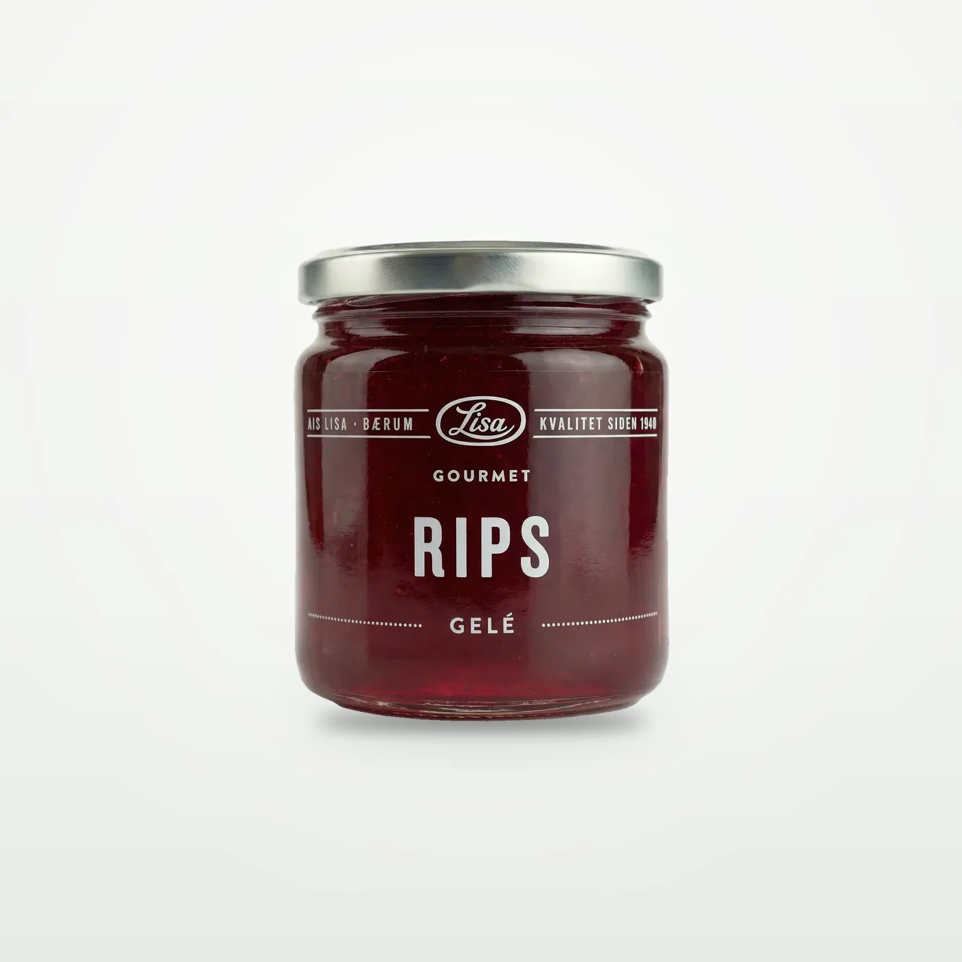 Glass med klar, rød ripsgelé fra Lisa Gourmet sett mot lyst underlag