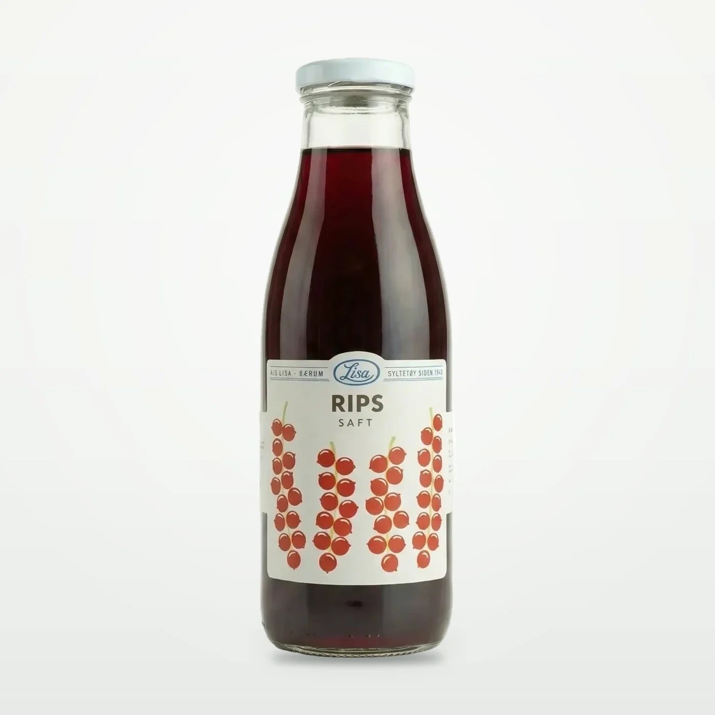 Flaske med Lisa Rips Saft 750 ml, klar lysende rød saft i glassflaske