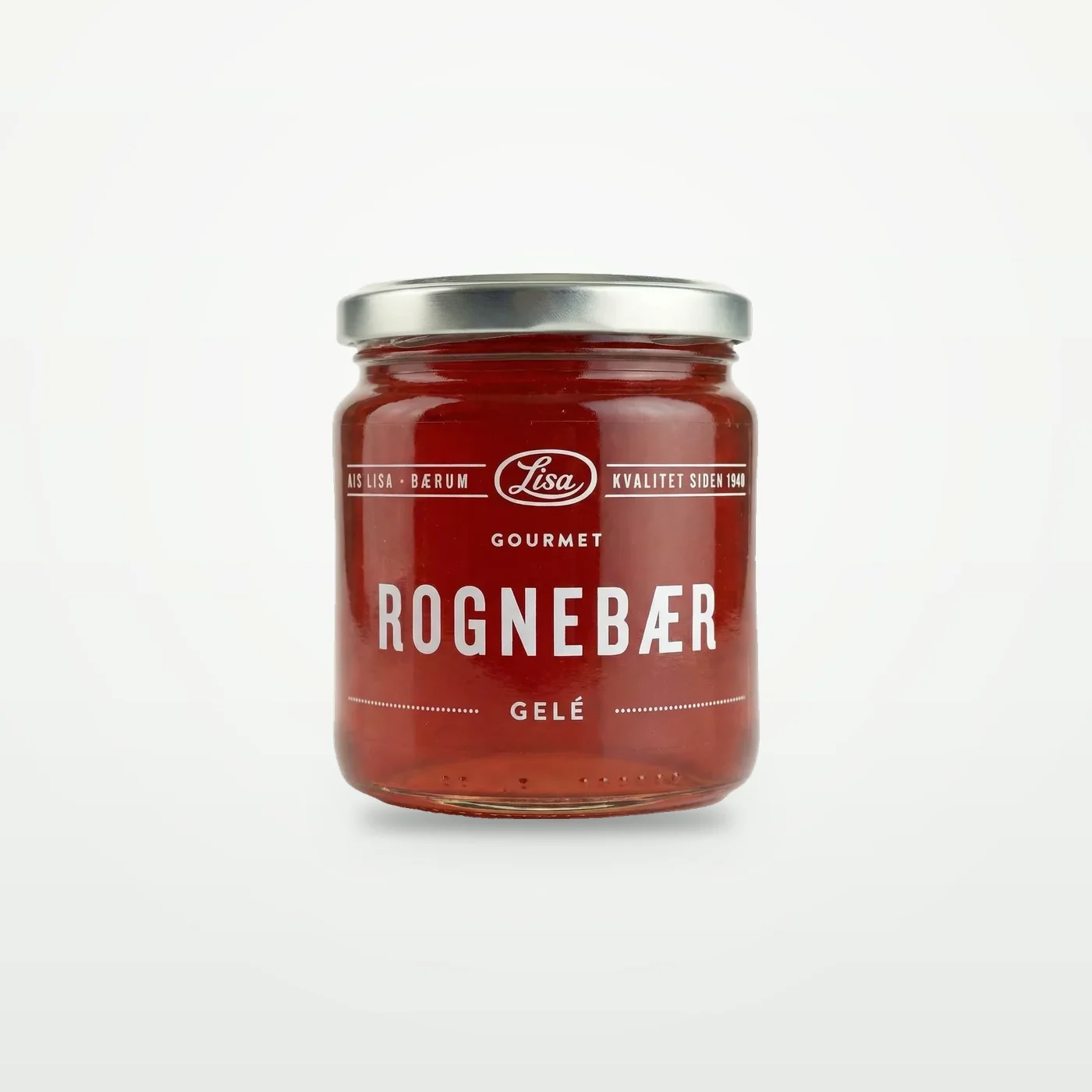 Glass med mørk oransjerød rognebærgelé fra Lisa Gourmet med hvit etikett