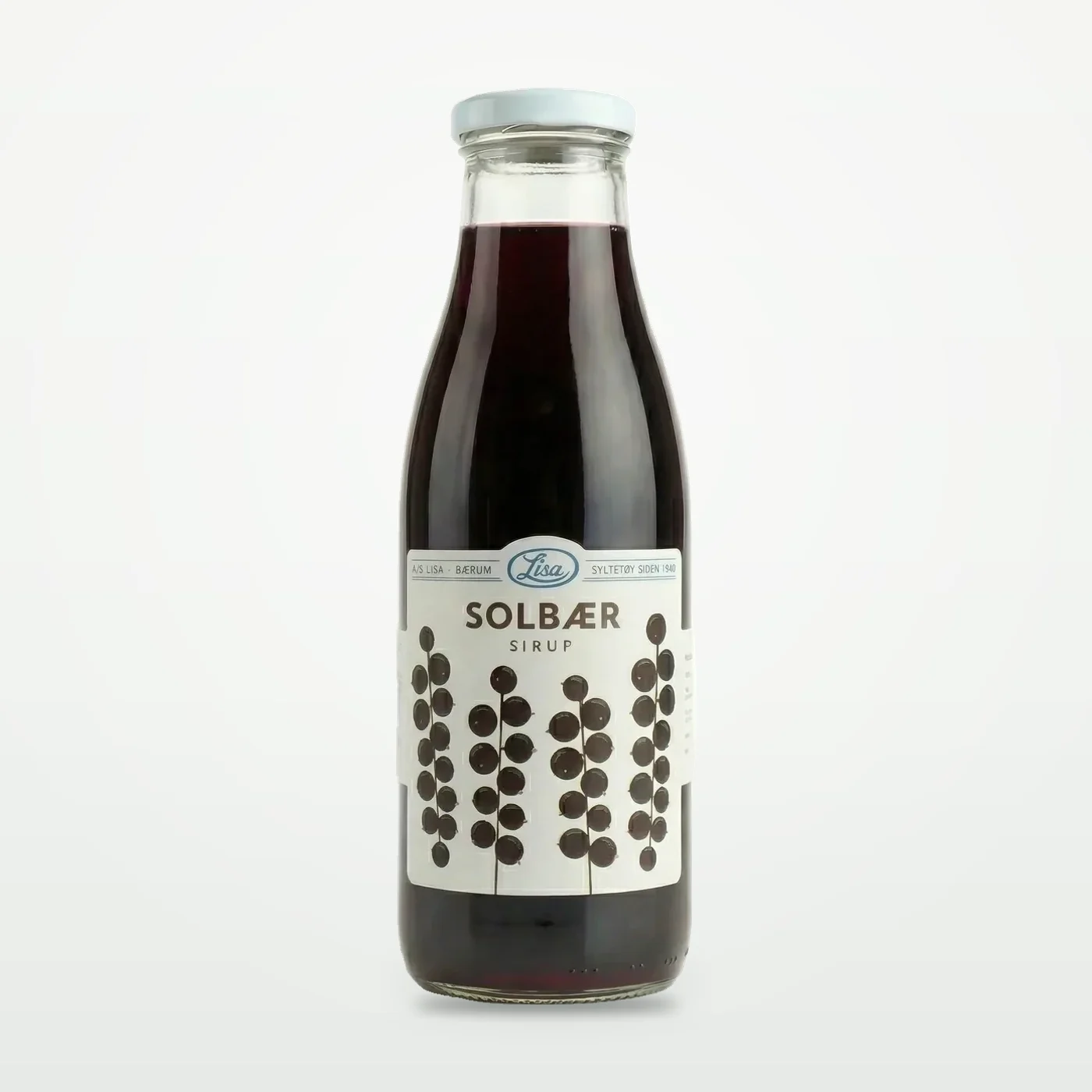 Flaske med Lisa Solbær Sirup 750 ml, tykk nesten svart purpurfarget sirup